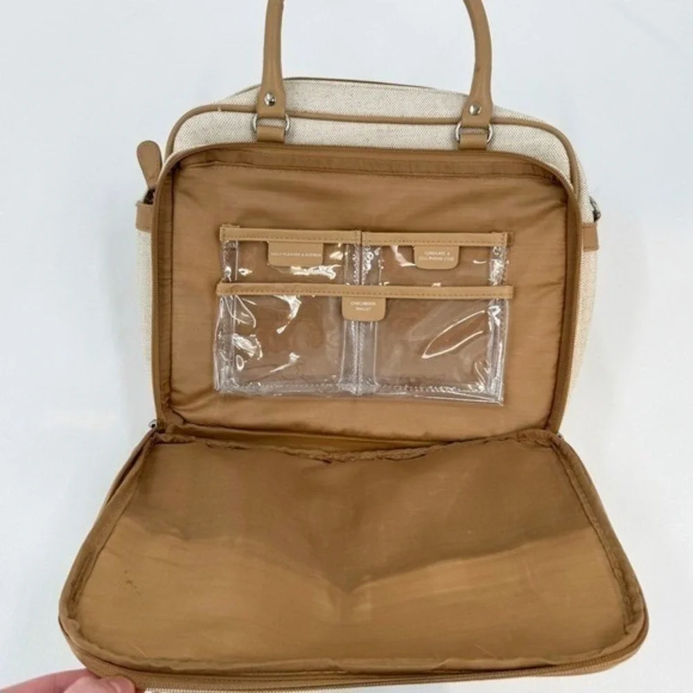 Vintage Faux Canvas Organizer Satchel Bag‎ Tan Cream Multi Pocket Briefcase
